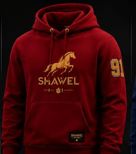 Red Shawel heritage hoodie with gold embroidered horse