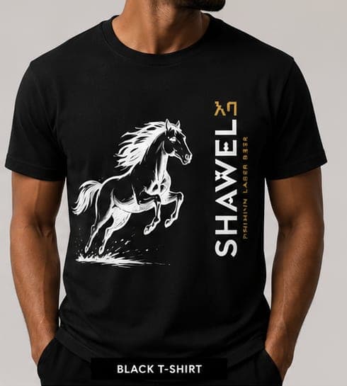Black Shawel t-shirt with a white running horse print