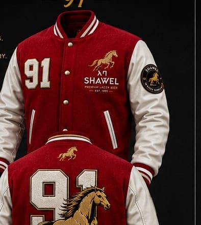 Red and cream Shawel 91 heritage varsity jacket with chenille patch
